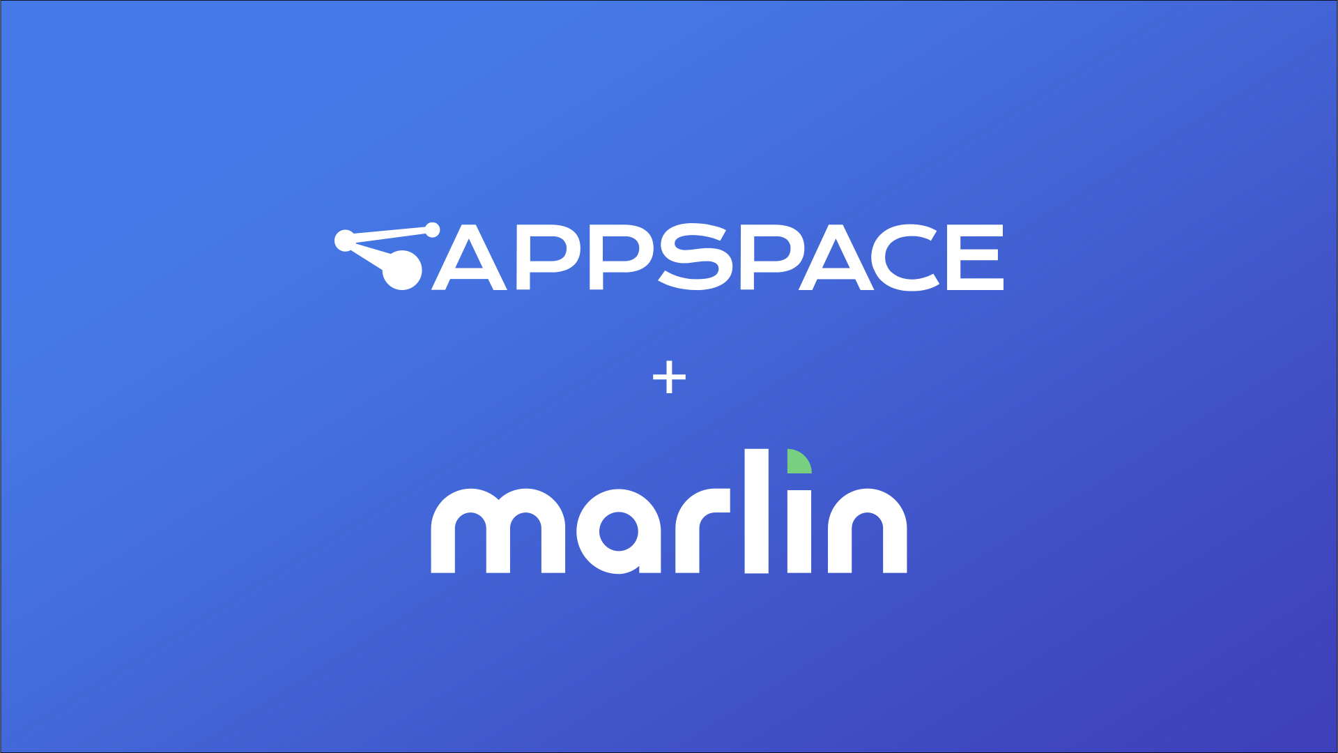 A blue gradient background with "Appspace + Marlin" text, announcing a company partnership.