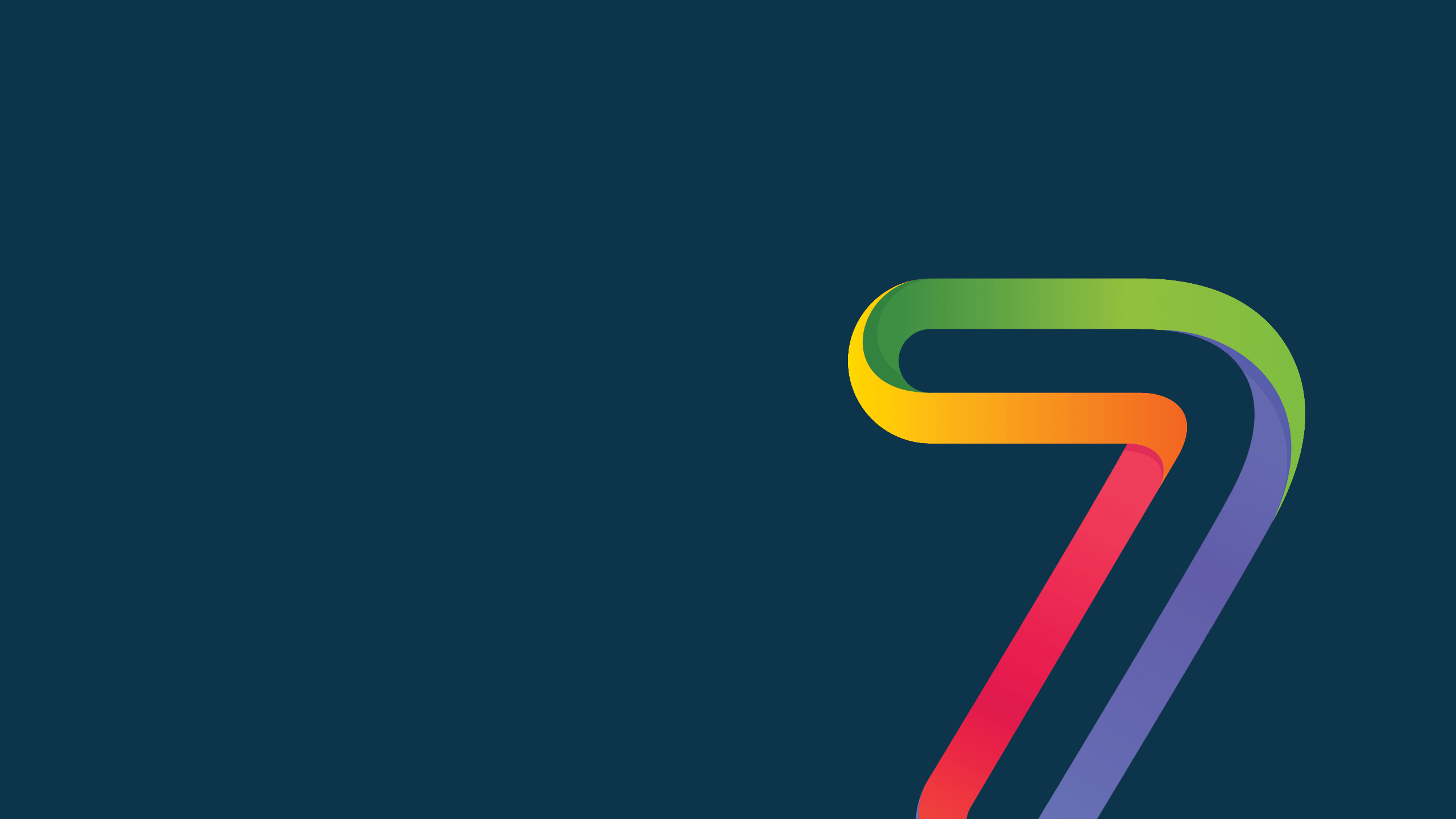 The image features a stylized number seven with a rainbow gradient, starting from green at the top and transitioning through yellow, orange, red, and purple. The background is solid dark blue.