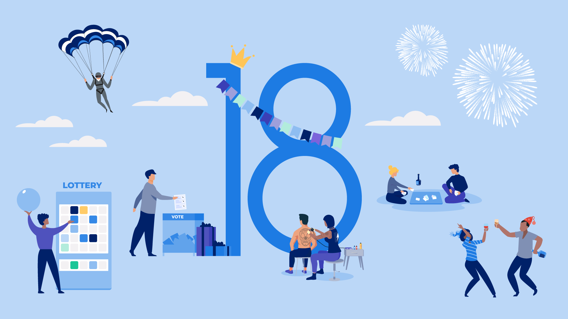 Illustration of a large number 18 with various activities: a parachutist, people voting, playing the lottery, gambling, getting a tattoo, and celebrating with drinks. Fireworks light up the sky, and a crown tops the 18.