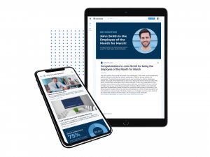 A birthday card with a blue and white three-tier cake on the left and the text Happy Birthday John Smith. May your birthday be the start of a year filled with good luck, good health and much happiness on the right.