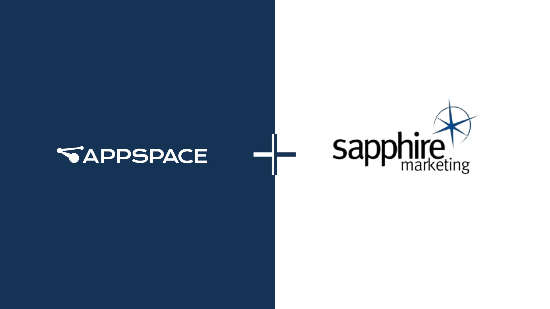 Split image with a navy blue left side featuring the Appspace logo and a white right side featuring the Sapphire Marketing logo, separated by a plus sign in the center.