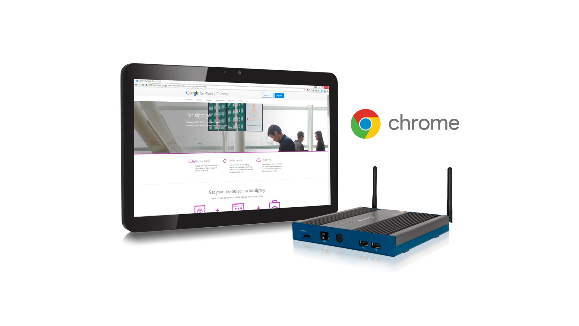 A tablet displaying a webpage is positioned next to a small, blue electronic device with two antennas. The Chrome logo is visible in the background.