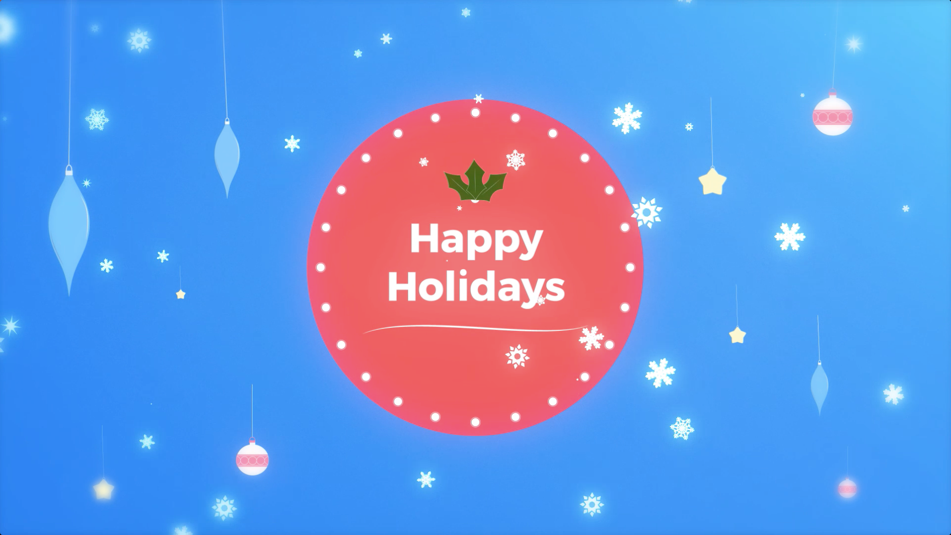 Red circular ornament with Happy Holidays text, surrounded by hanging blue and pink ornaments, stars, and snowflakes on a blue background.