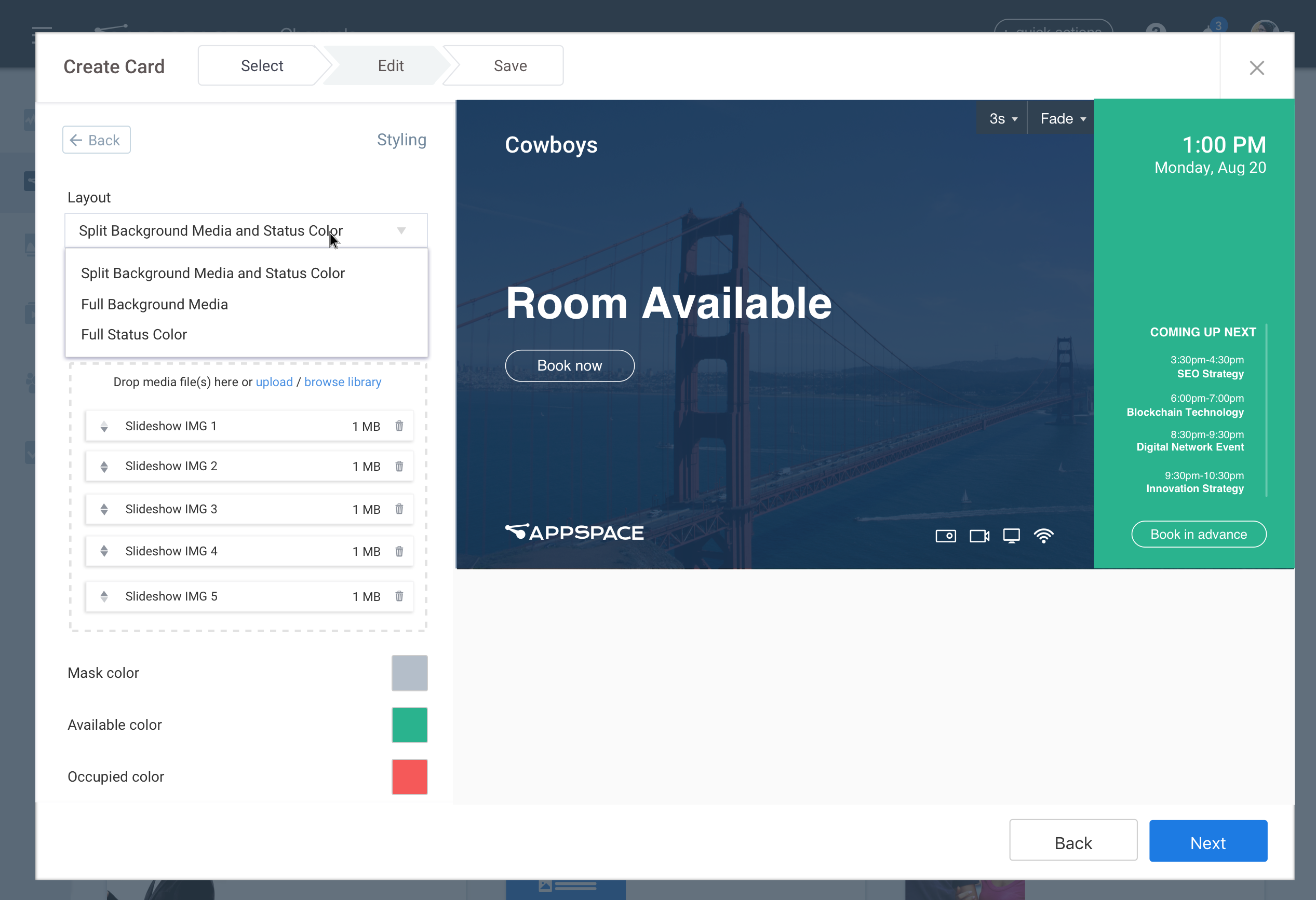 room scheduling appspace layout options