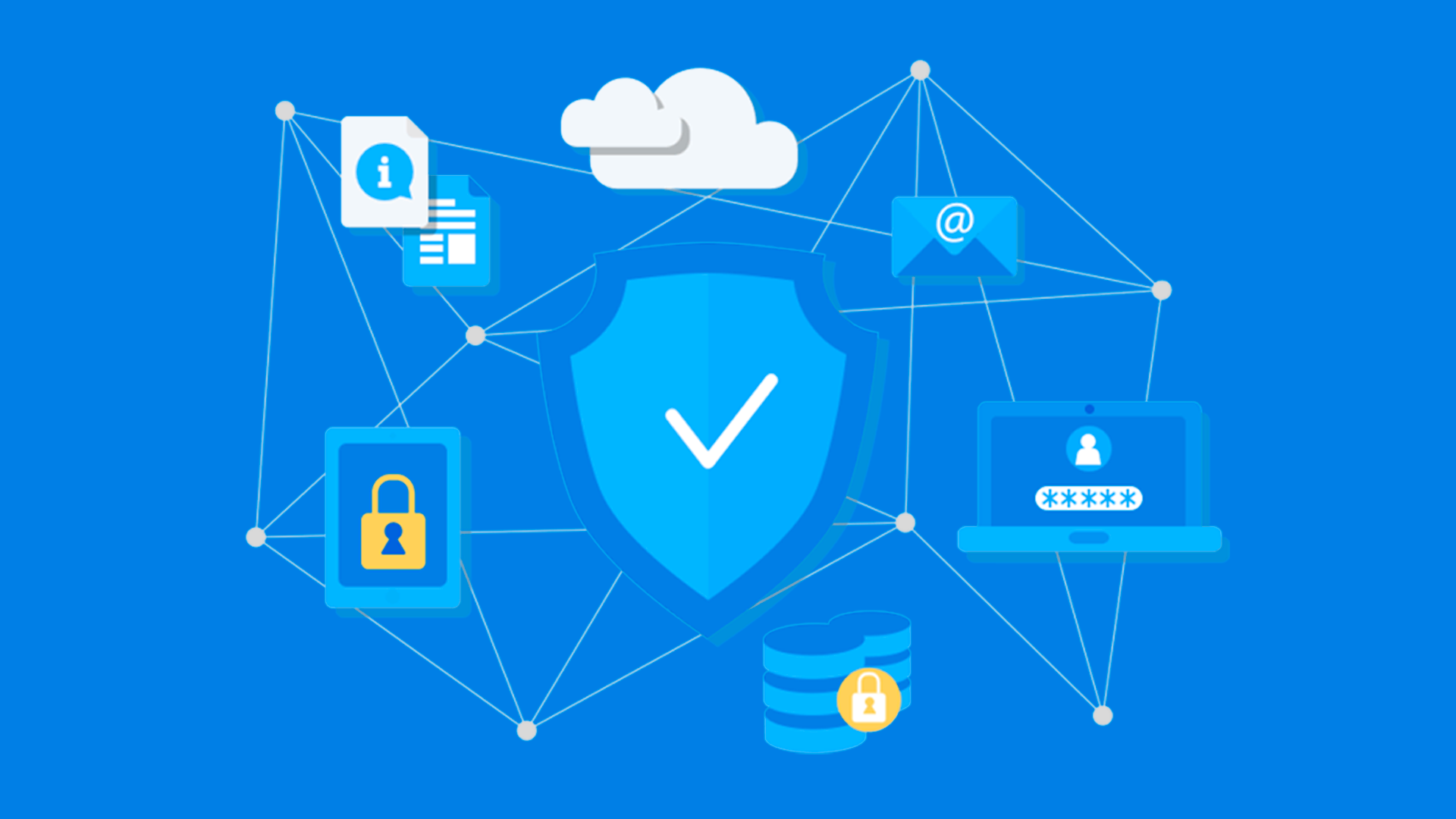 Illustration of a digital network theme on a blue background. Features a central shield with a checkmark, surrounded by icons for a cloud, email, database, laptop, lock, and documents, all interconnected by lines and nodes.
