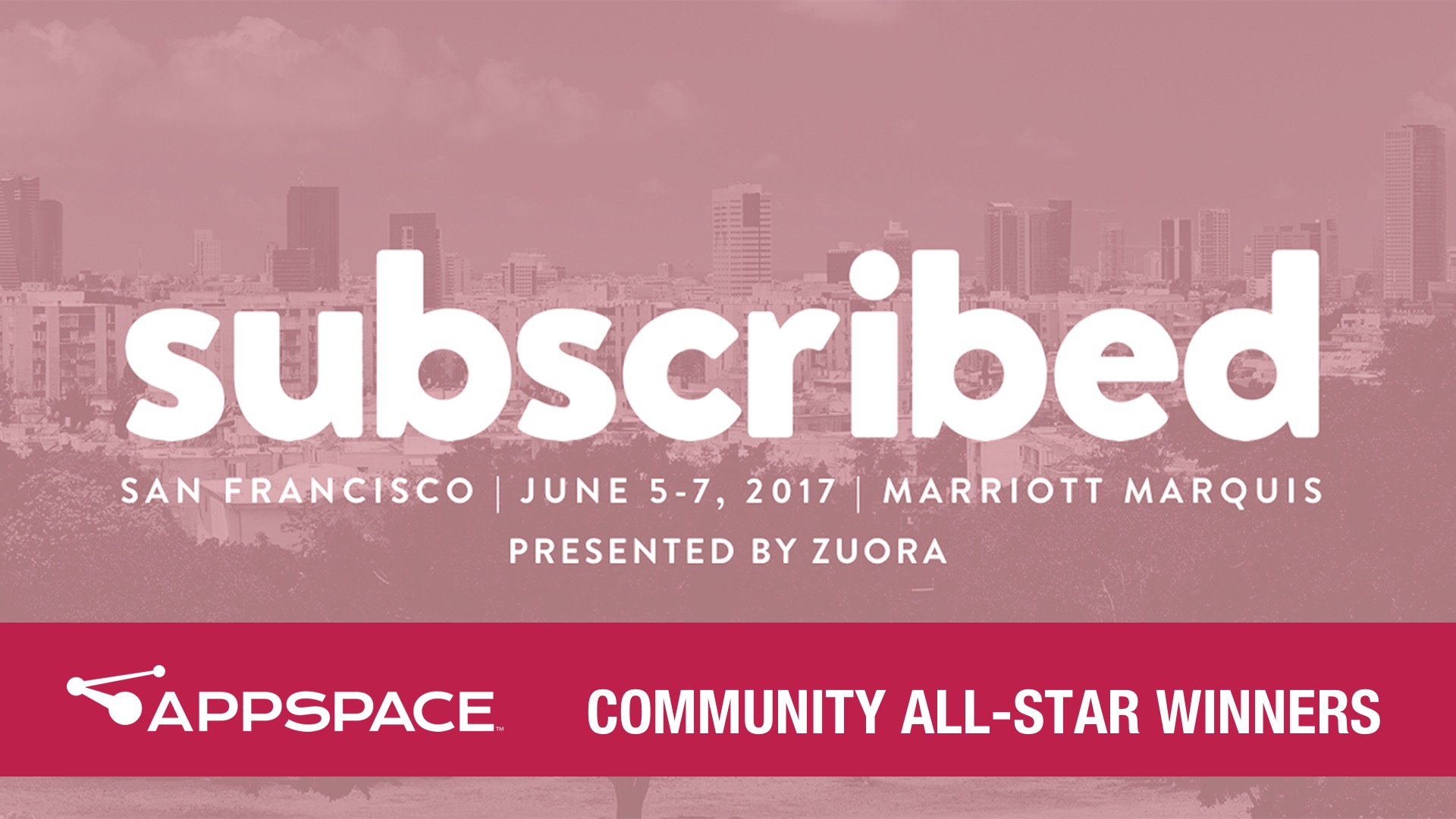 A promotional banner for the Subscribed event in San Francisco, June 5-7, 2017, at Marriott Marquis, presented by Zuora, with a notice for Appspace Community All-Star Winners at the bottom. A city skyline is in the background.