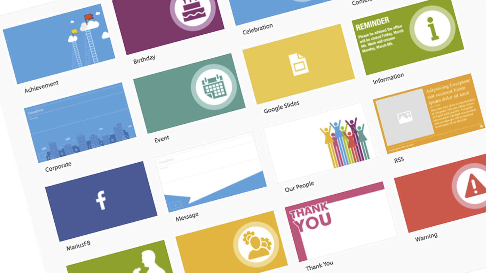 A grid of colorful digital icons and templates for various themes such as birthday, celebration, achievement, information, corporate, event, RSS, and warnings. They feature symbols like calendars, people, and social media logos.