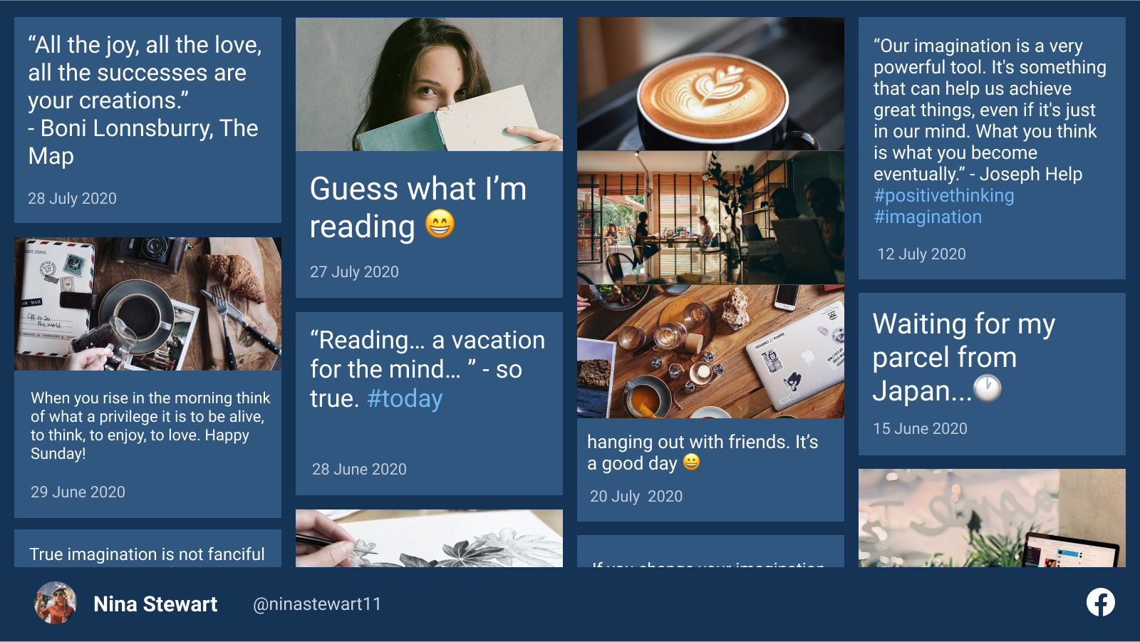 A collage of social media posts featuring motivational quotes and daily activities. Posts discuss success, imagination, reading, and personal reflections. The layout includes images of people, books, and daily routines with dates ranging from June to July 2020.