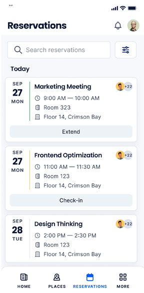 Mobile phone interface showcasing space reservation software.