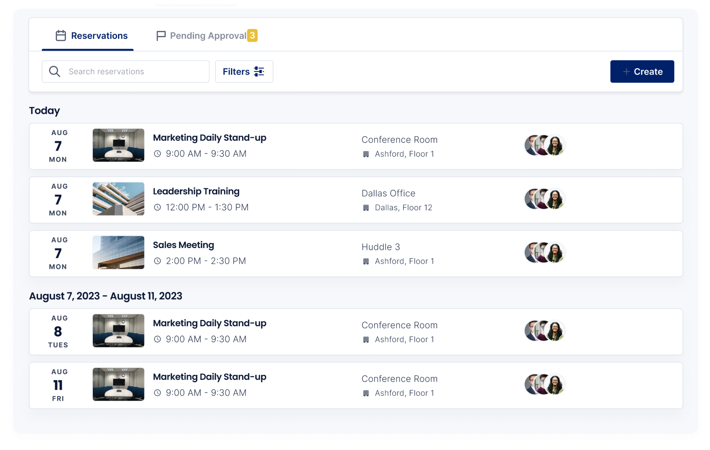 Resource management dashboard for space reservation.