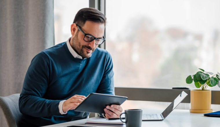 An employee using workplace communication software.