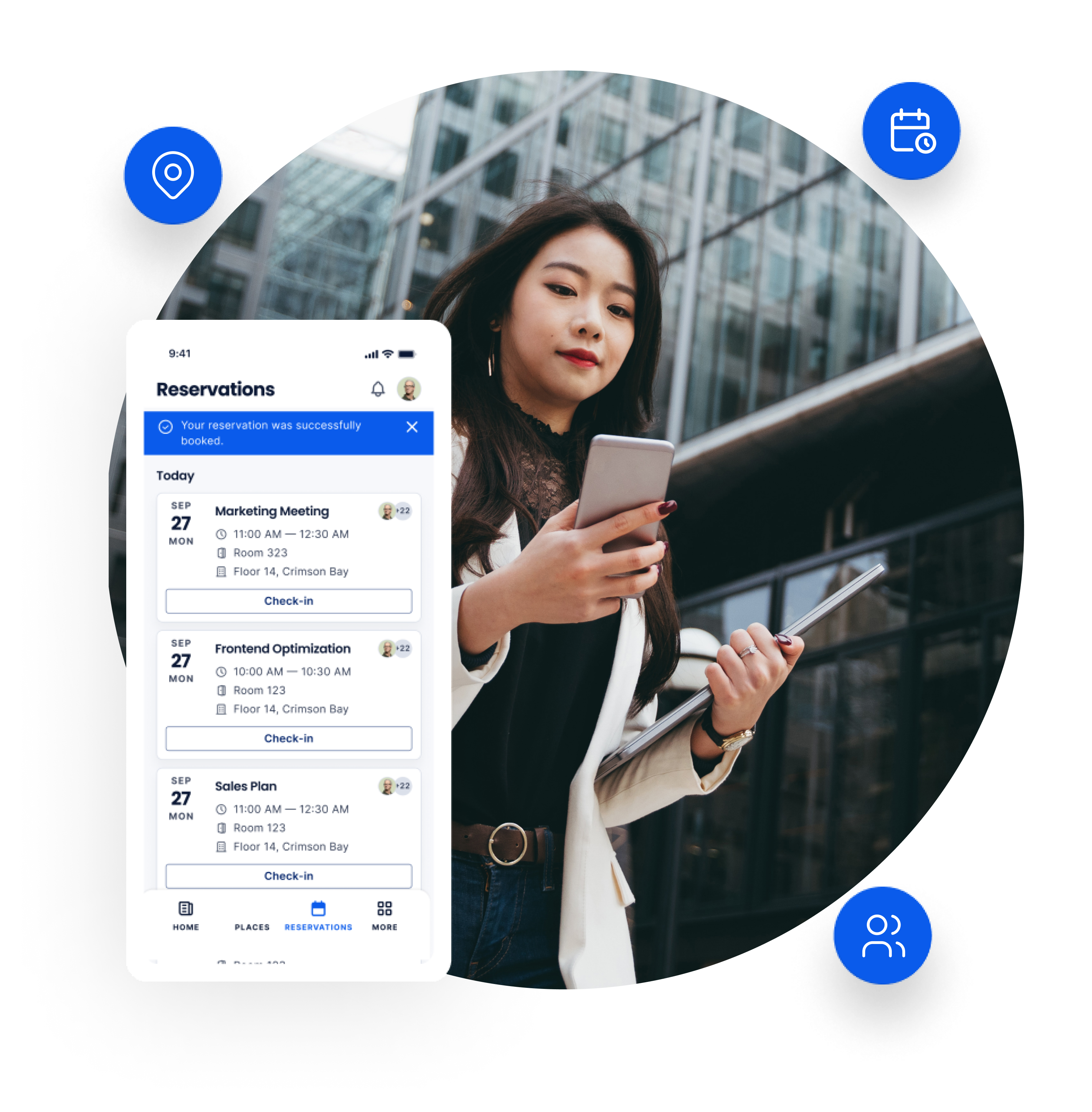 A woman using Appspace mobile booking app.