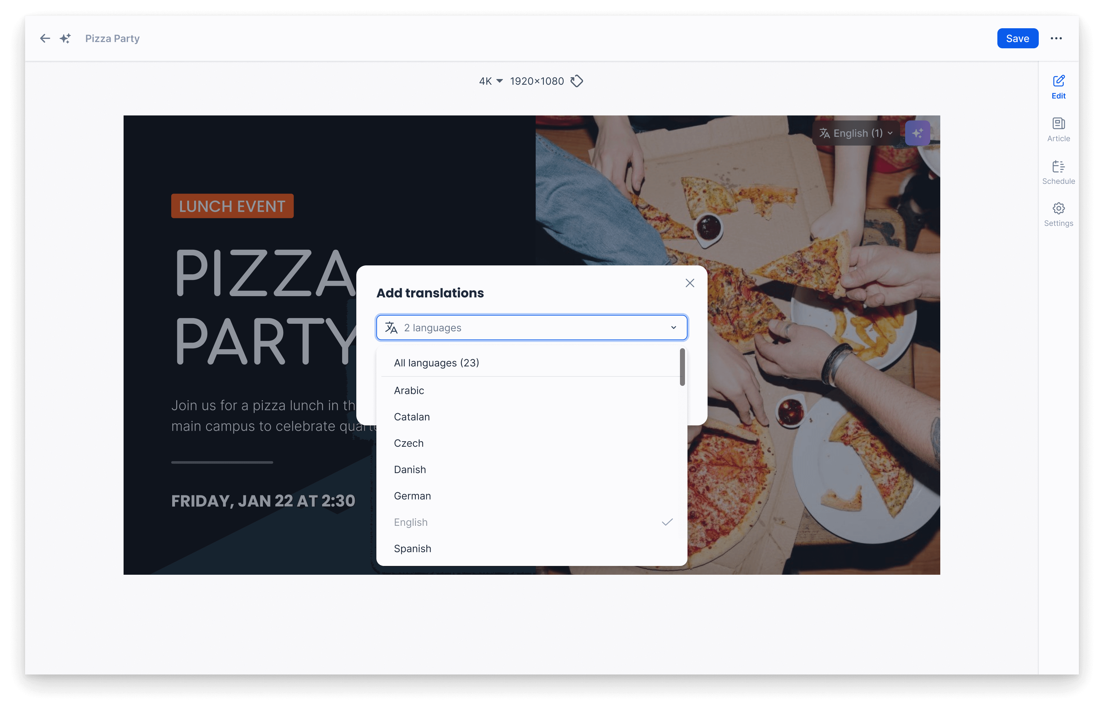 Bridge communication gaps with automatic translation of digital signage content created with the AI Card Generator. 