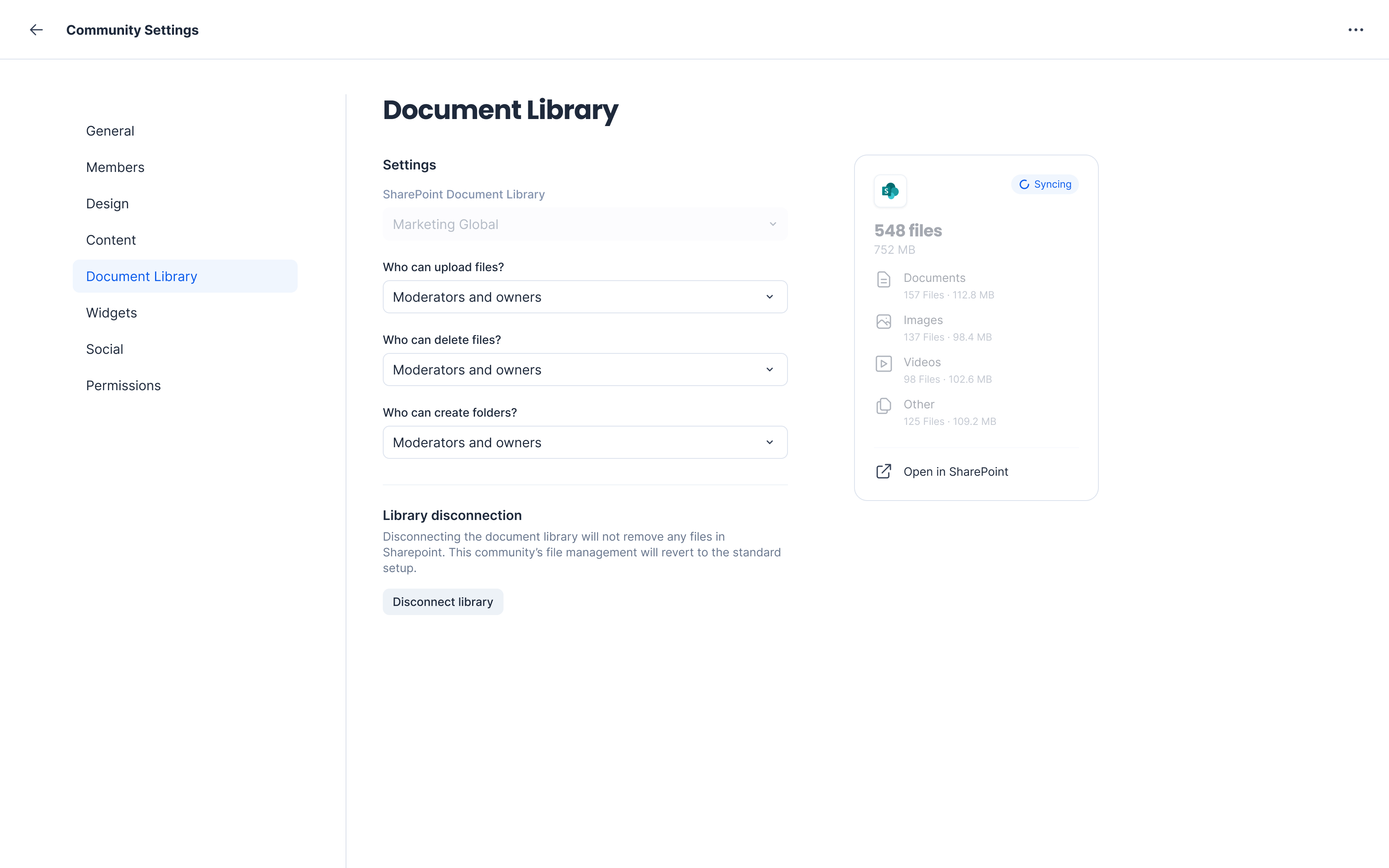 Share, collaborate, and access documents with ease by connecting SharePoint libraries directly to Communities, giving your teams a central place to access and manage all their files.