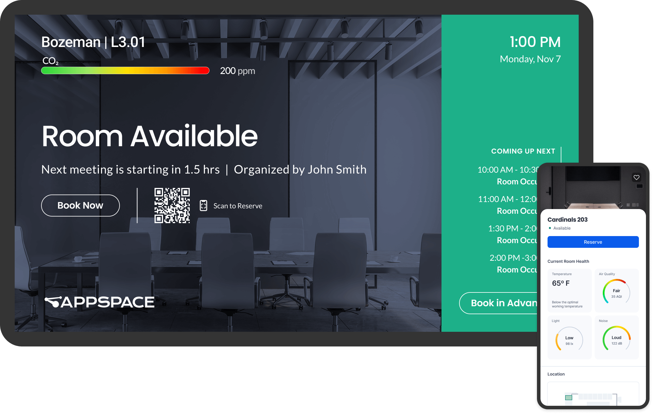 Smart meeting room with sensors and digital panel showing “Available” with lights off and no one inside. Could overlay icons showing energy savings / air quality