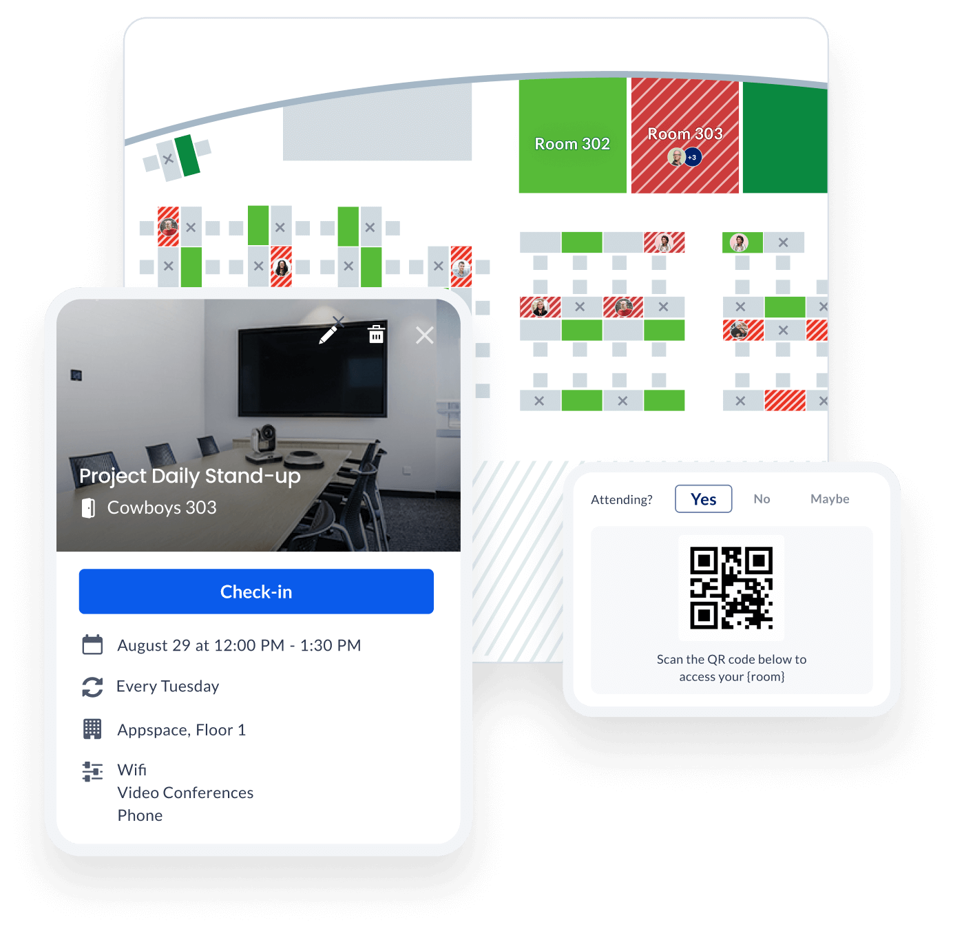 Space reservation app screens showing map of available and unavailable spaces