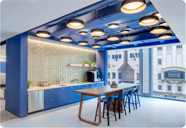 Modern blue coffee area in a professional office.