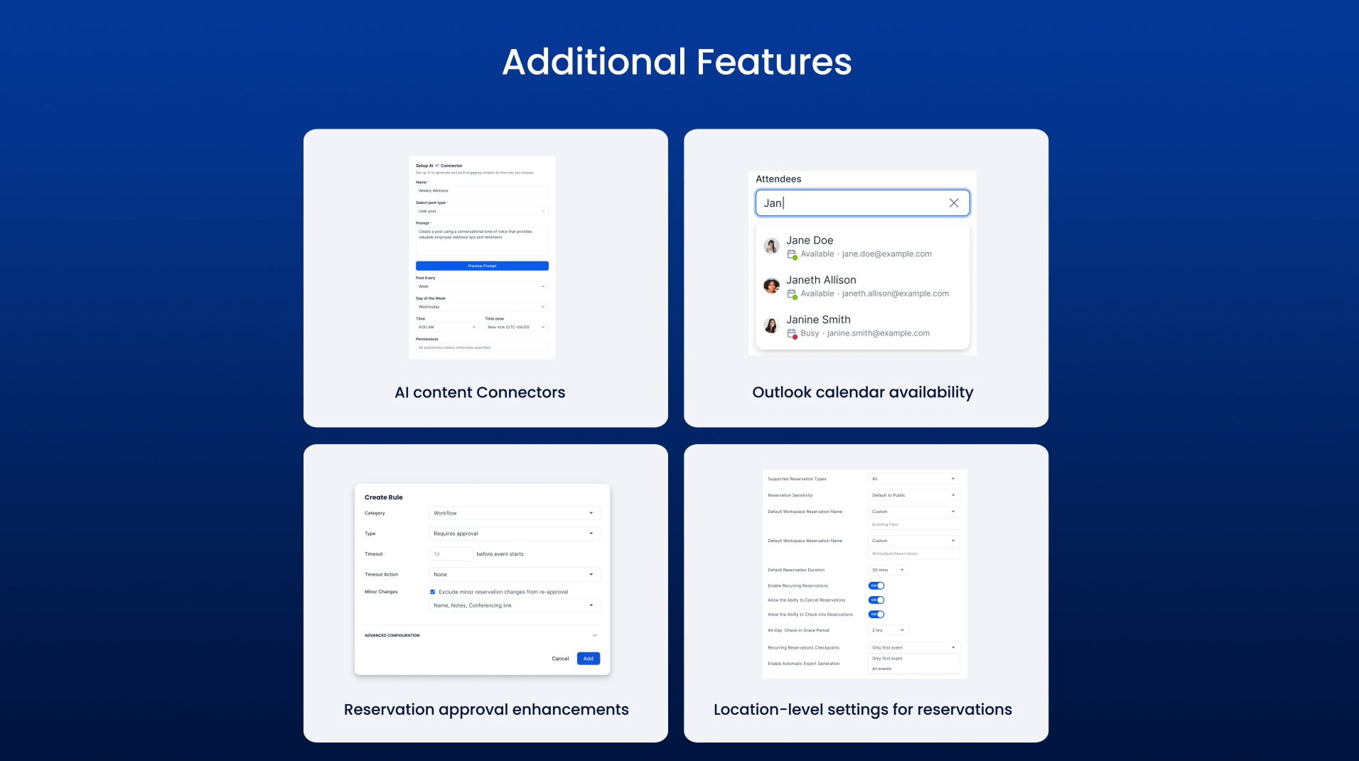 Additional features - AI content, Outlook calendar, Reservation approvals, Location-level settings
