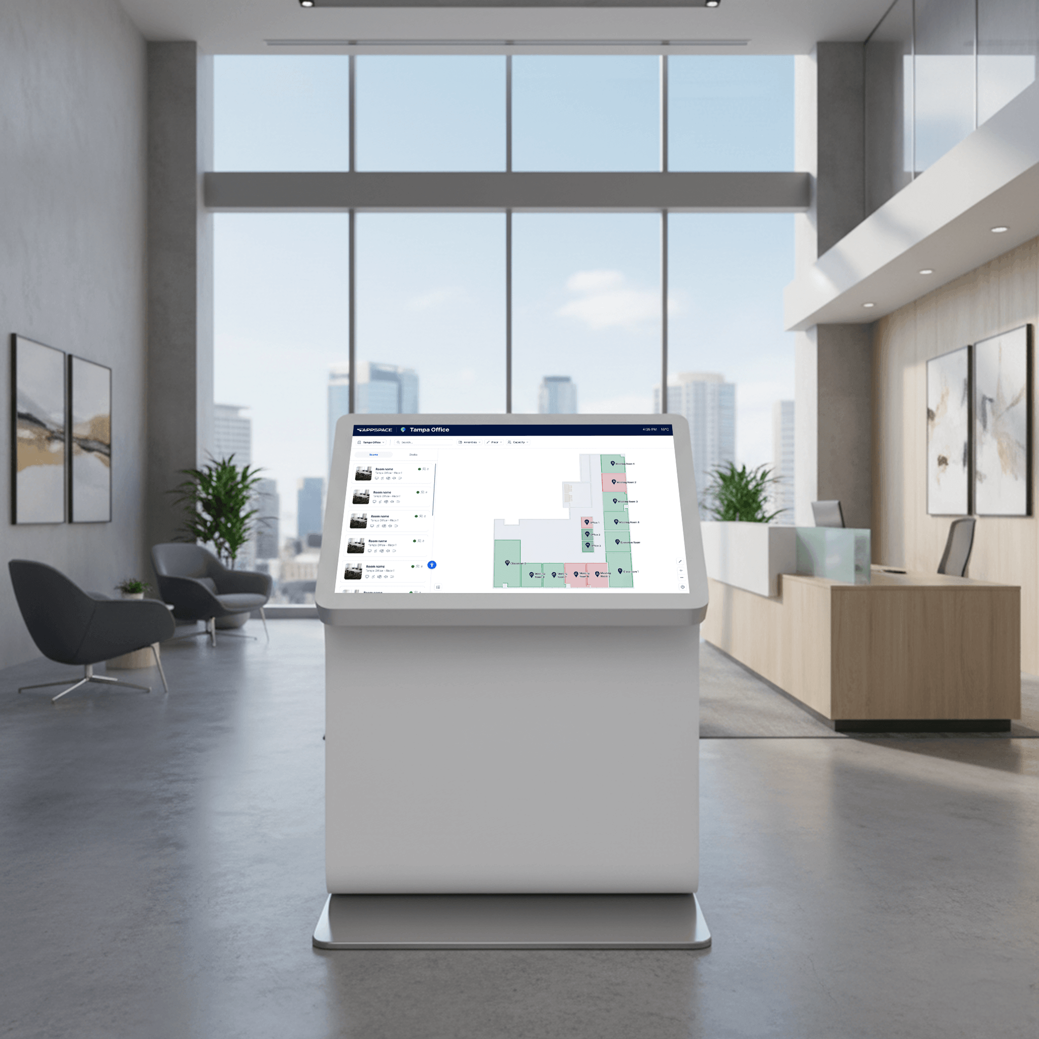 Modern corporate lobby with a centered digital map kiosk.