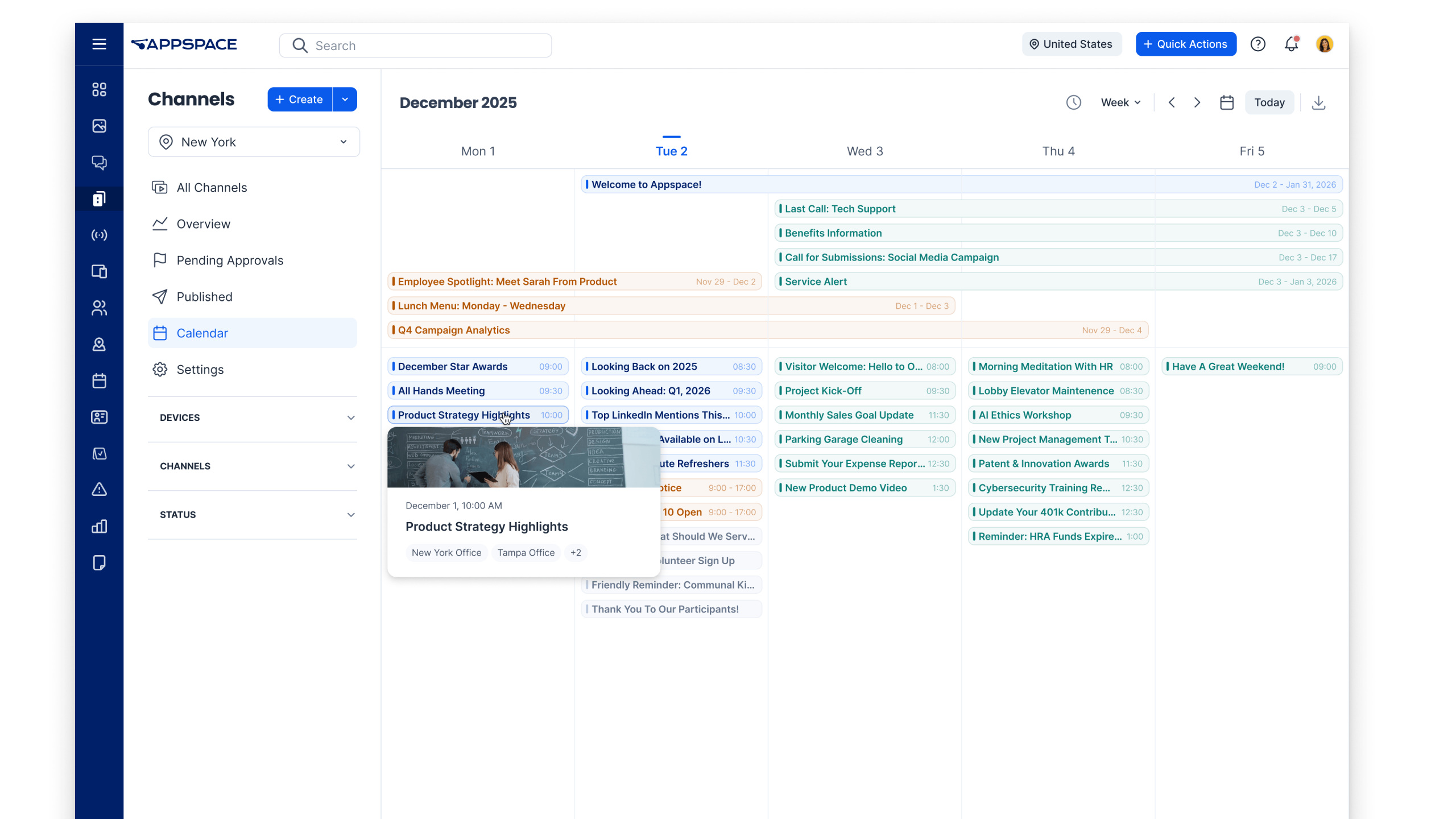 Dashboard view of Signage Content Calendar | Appspace