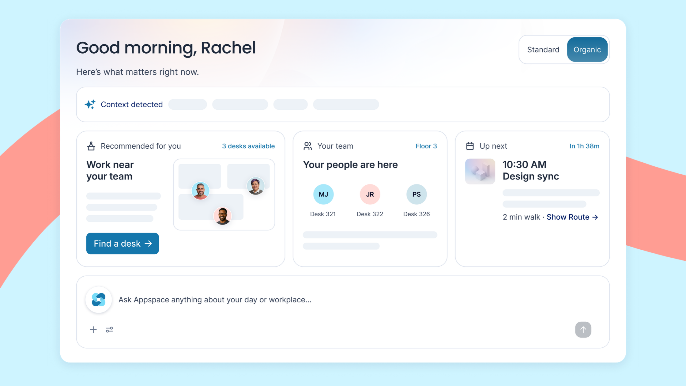 Appspace Organic UI interface showing real-time activities and reminders and recommendations for an employee.